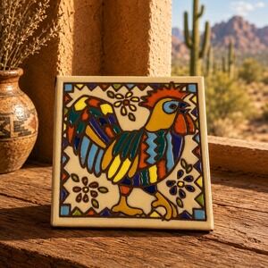 Earthtones Rooster Ceramic Art Tile 1999 Southwest Folk Art Trivet Tucson AZ 6x6